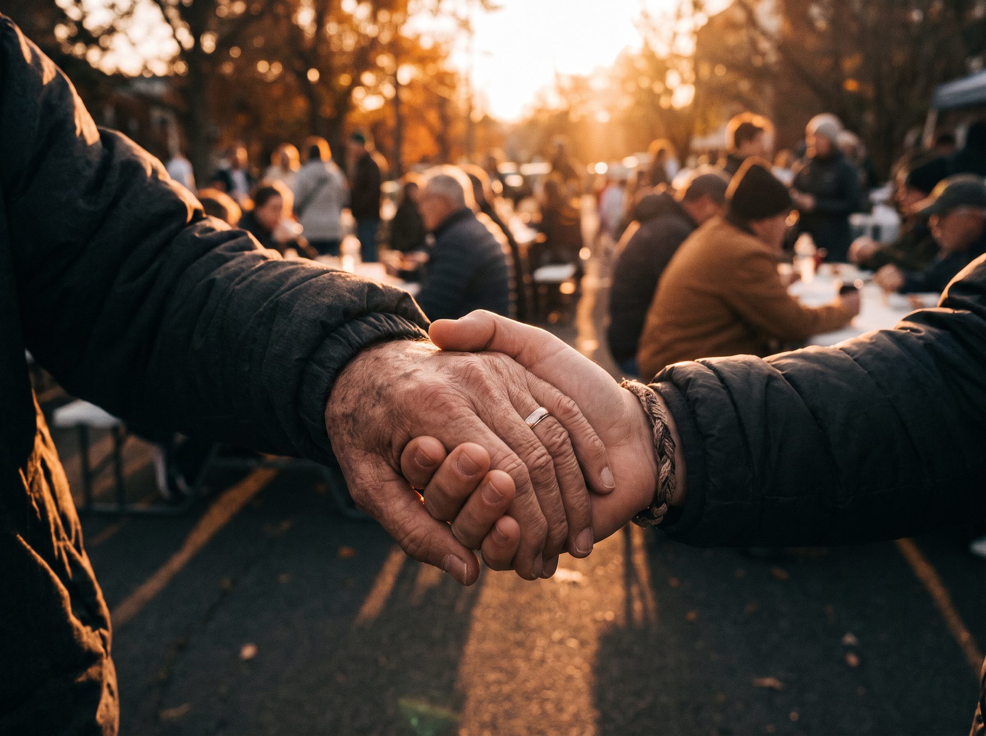 Supportive hands at a community gathering during golden hour