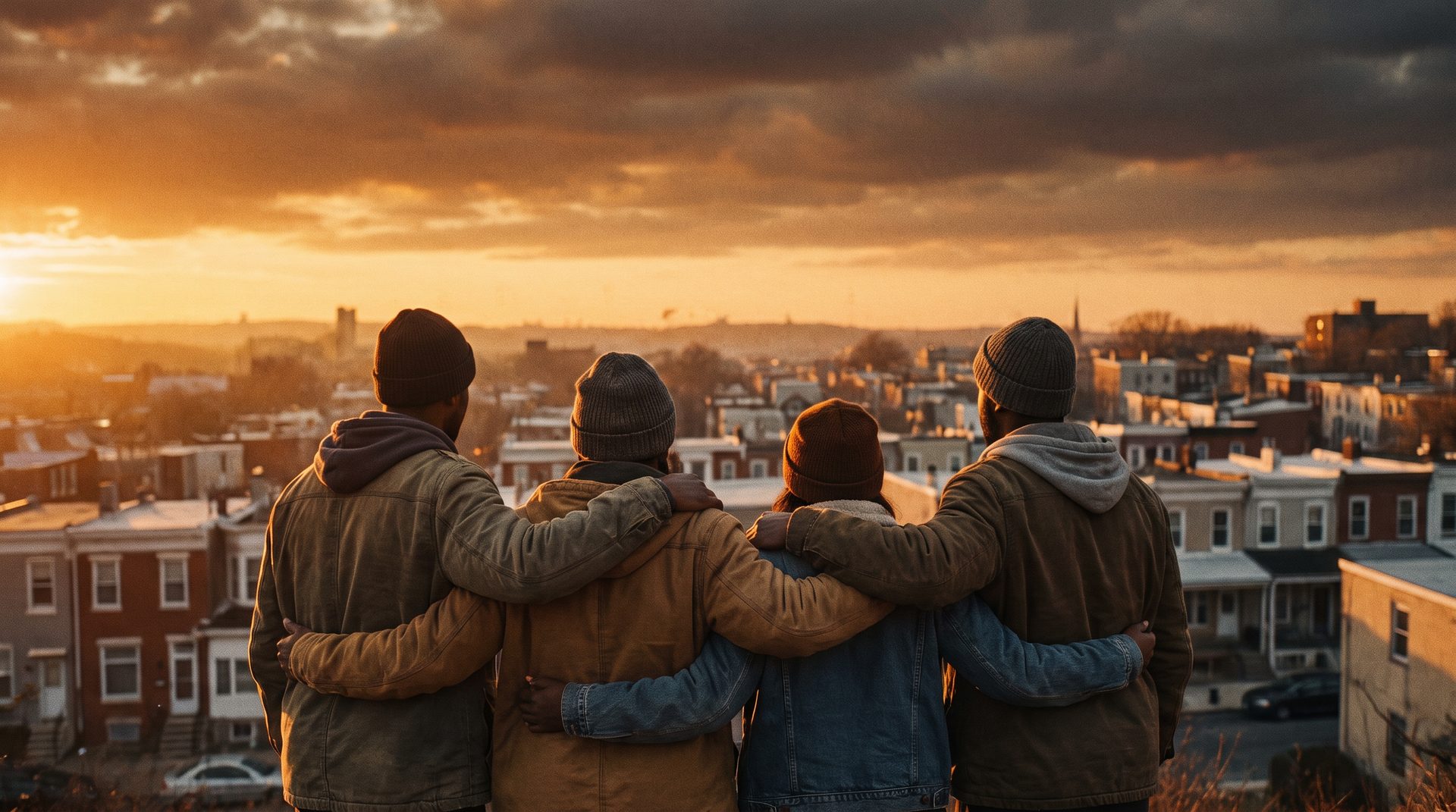 A group of volunteers viewed from behind, overlooking a neighborhood at sunset