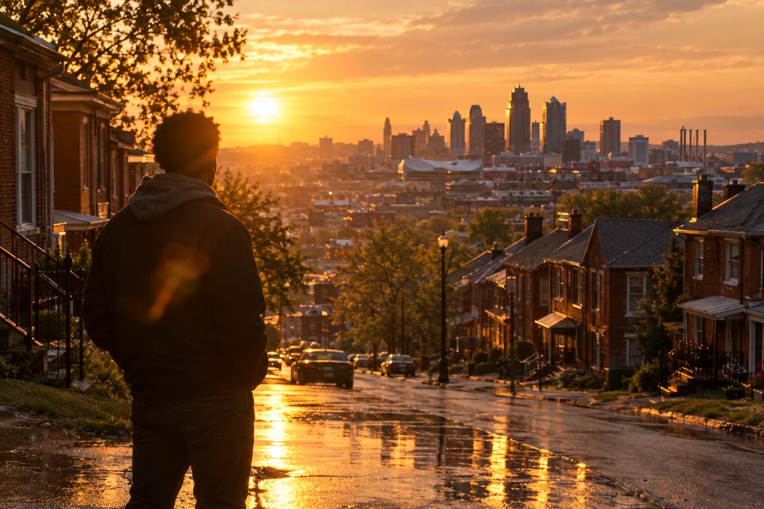 A person looking out over a Kansas City neighborhood toward the downtown skyline at golden hour, reflected in the wet street below