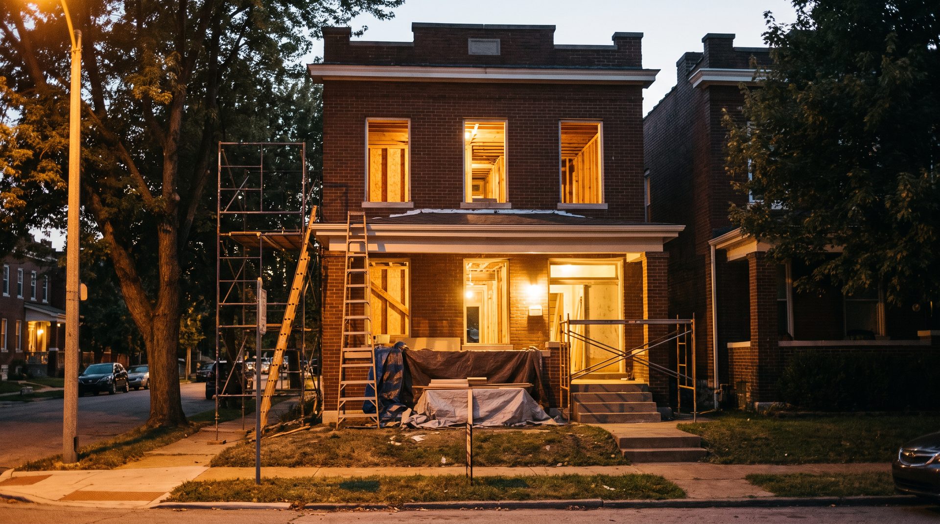 A brick row house mid-renovation at dusk with warm lit windows