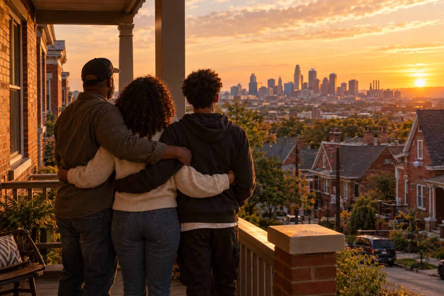 A family standing arm in arm on a porch, overlooking their Kansas City neighborhood and skyline at sunset